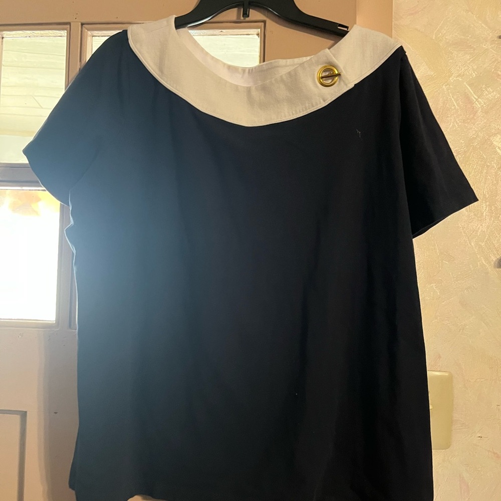 Chaps Navy Top with White Sailor Collar and Gold Accent